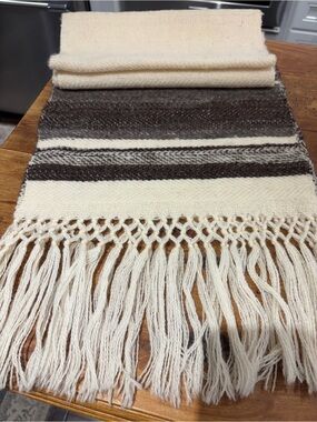 Cream & Brown Wool Scarf with Fringe